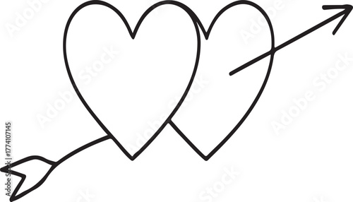 Hand- Drawn Outline of Two Hearts Pierced by an Arrow love romance