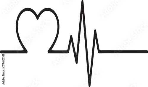 Heartbeat Line with Heart Symbol in Black and White Line Art pulse cardiogram