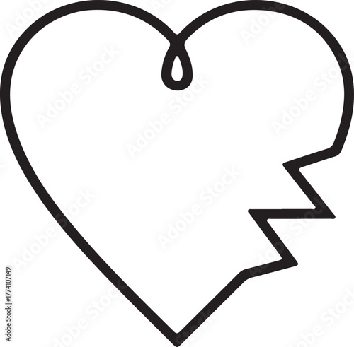 Simple Outline of a Broken Heart with Jagged Crack on White Background love emotion