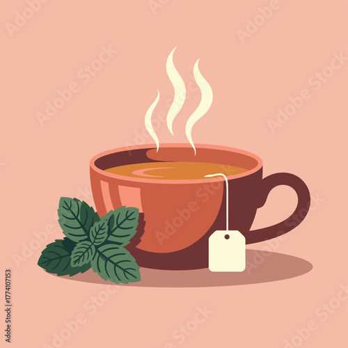 Illustration of hot tea with mint leaves fresh beverage and tea bag vector art