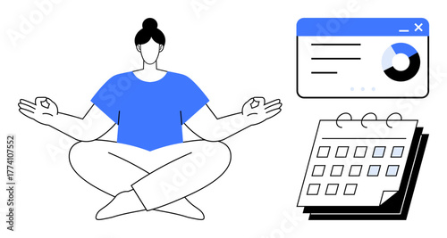Person in lotus pose meditating near analytics dashboard and calendar, representing harmony between work and mindfulness. Ideal for wellness, productivity, time management, balance, focus