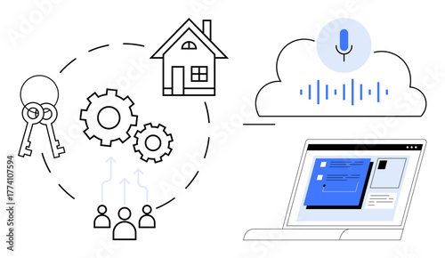 Digital workflow featuring keys, house, gears, teamwork, laptop, voice recognition, and cloud storage. Ideal for technology, digital transformation remote work automation collaboration smart