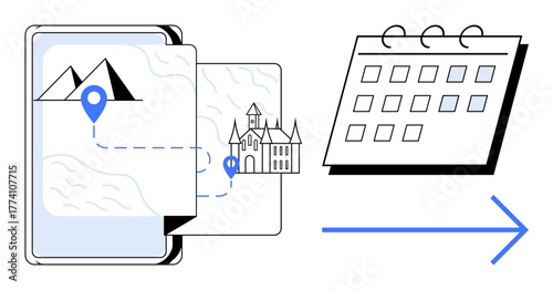 Mobile device displaying map with a travel route to landmarks and mountains, paired with a calendar and forward arrow. Ideal for travel, planning, organization, tourism, exploration, navigation