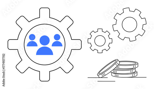 Gear with team icon, smaller gears, and coin stack symbolize workforce efficiency, teamwork, financial growth. Ideal for business, investment, productivity, strategy innovation finance management