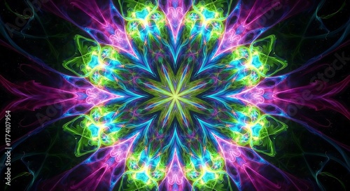 Vibrant kaleidoscope pattern forming a star shape.