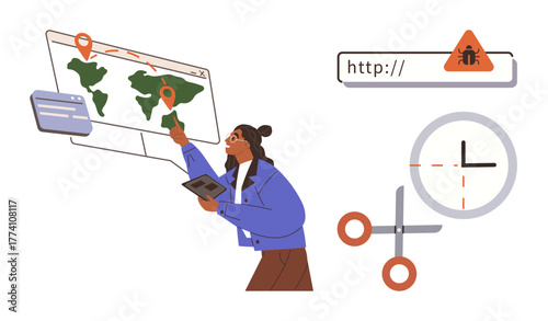 Woman interacting with map and pinpointing locations via tablet, accompanied by bug warning, scissors, and clock symbols. Ideal for technology, research, logistics, software, analysis cybersecurity