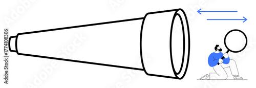Large telescope with person kneeling to adjust its lens, arrows indicating focus. Ideal for exploration, research, discovery, observation, focus, vision, perspective simple flat metaphor