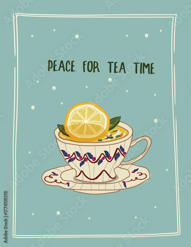 Cozy Tea Cup Doodle Poster. Cute Lemon in Cup, Framed Art Print