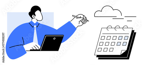 Person using a laptop and pen to organize plans beside a calendar and cloud. Ideal for scheduling, goals, organization, productivity systems, planning, business management, time efficiency. Simple