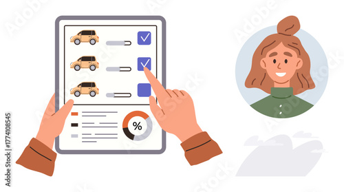 Hands selecting cars on a checklist with toggle switches, graphs, percentage pie chart, and a female avatar. Ideal for vehicle selection, online tools, profiles, surveys, decision-making statistics