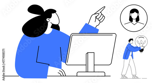 Woman pointing towards ideas at computer desk, profile photo, associate holding light bulb. Ideal for teamwork, innovation, problem-solving, leadership, creativity, technology simple flat metaphor