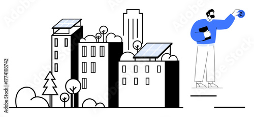 Urban buildings feature rooftop solar panels surrounded by trees, with an eco-focused professional holding a globe. Ideal for sustainability, renewable energy, green solutions, urban planning