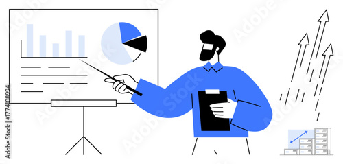 Businessman with clipboard pointing to data on flip chart, pie chart, growth arrows. Ideal for analytics, strategy, education, teamwork, planning presentation leadership. Simple flat metaphor