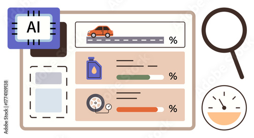 AI dashboard with car progress, oil level, tire condition analytics, magnifying glass, and speedometer. Ideal for AI, automation, car maintenance, diagnostics efficiency technology simple flat