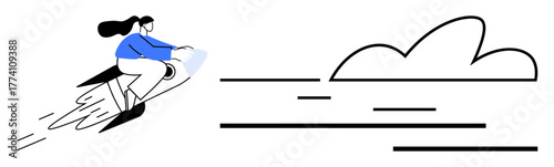 Woman riding rocket with dynamic lines and cloud backdrop, representing progress, ambition, innovation, and rapid forward motion. Ideal for teamwork, startup, leadership, growth technology