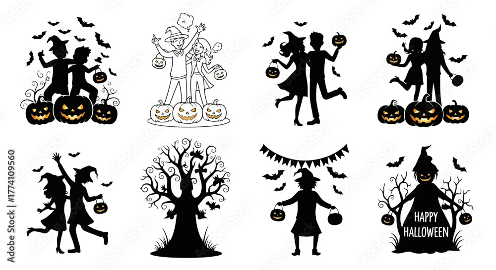 Fototapeta premium Halloween Silhouette Vector Set People Pumpkin Bats Party Dark Night Horror Scary Autumn Fall Festival Decoration Vector Illustration