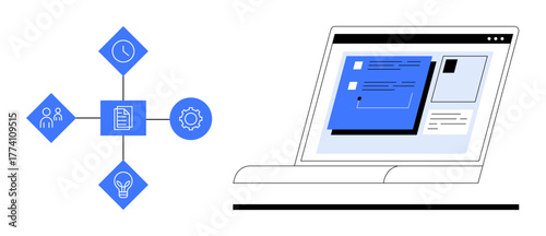 Diagram with interconnected icons for team, schedule, settings, and idea next to a laptop showing organized tasks. Ideal for collaboration, productivity, workflow, project planning, digital tools