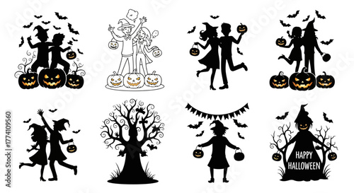 Halloween Silhouette Vector Set People Pumpkin Bats Party Dark Night Horror Scary Autumn Fall Festival Decoration Vector Illustration