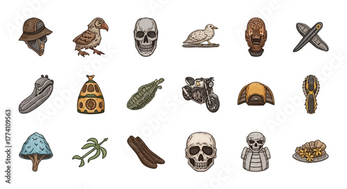 Various Fantasy and Antique Item Illustration Set Skull Bird Motorcycle Hat Pot Vehicle Decorative Graphic Design Vector Illustration