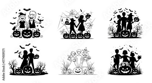 Silhouette of People Carving Pumpkins Illustration: Halloween Night Celebration with Festive Design for Greeting Cards and Posters Vector