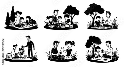 Family Picnic Illustration: Happy Father and Children Spending Quality Time Outdoors with Blanket, Food, Trees for Summer Activities Vector