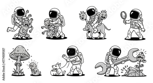 Astronauts Encounter Strange Creatures Space Exploration Humanoid Alien Planet Cosmic Adventures Spacewalk Discovery Humor