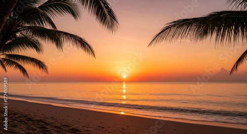 Seashore vista with palm trees framing sunset over ocean, serene golden light