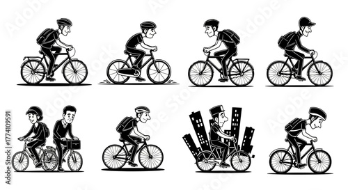 Bicycle Commuters Set Illustrations Monochrome Style Riders with Backpacks Helmet City Transportation Urban Life Bike Lifestyle Eco Friendly Workout Journey Health Concept