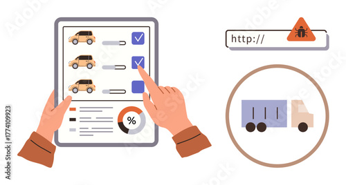 Hands managing a vehicle checklist on a tablet, truck illustration, and online bug alert. Ideal for logistics, cybersecurity, transport, fleet monitoring, data analysis, online safety and threat