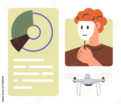 Circle chart with text, person holding smiling mask in front of face, quadcopter hovering. Ideal for data analytics, emotions, technology trends, anonymity, duality, security issues simple flat