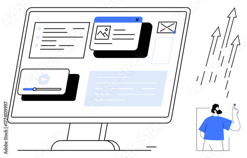 Desktop screen with multimedia windows, email icon, text notifications, man and upward arrows. Ideal for productivity, digital media, remote work, communication, multitasking innovation simple flat