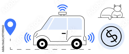 Self-driving car with wireless signals and GPS marker, currency sign, and a resting cat. Ideal for technology, automation, transportation, finance, navigation, sustainability pet-friendly concepts