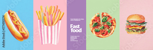 Colorful Fast Food Illustrations. A collection of vibrant watercolor illustrations featuring a hot dog, french fries, pizza, and a burger, presented on pastel backgrounds.