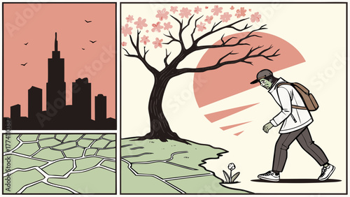 Environmental Journey: From Urban Sprawl to Nature's Hope, Cracked Earth & Blooming Tree