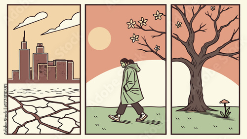 Environmental challenges and changing seasons: Cracked earth, city, and a person walking in nature