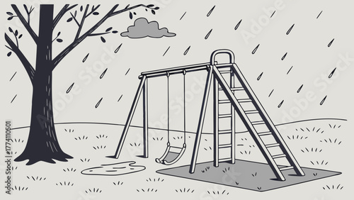 Monochrome Rainy Playground Scene Illustration with Swings, Slide, Tree, Cloud, and Puddle