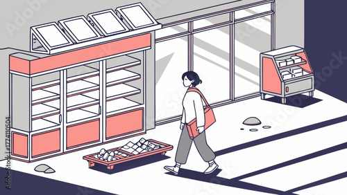 Isometric street scene with a person walking past a minimalist shopfront and empty shelves, depicting urban daily life.