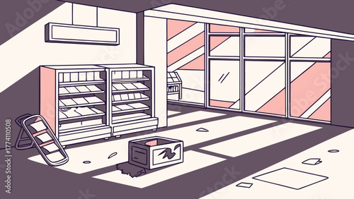 Minimalist vector illustration of an abandoned store interior with strong sunlight, long shadows, and scattered debris