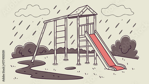 Empty children's playground on a rainy day with swing set and slide, vector illustration of gloomy weather