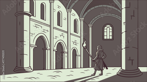 Cartoon figure with torch explores ancient stone hall. Mysterious medieval architecture interior with dramatic shadows.