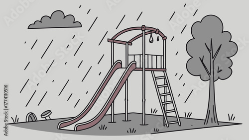 Hand-Drawn Rainy Playground Scene with Slide, Tree, and Cloud