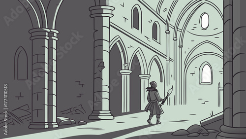 Adventurer in Desolate Gothic Ruins - Mysterious Figure Exploring Ancient Hallway Illustration