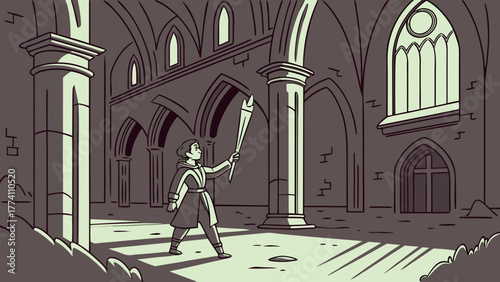 Solo explorer with a glowing torch navigates vast, ancient gothic cathedral ruins bathed in light and shadow