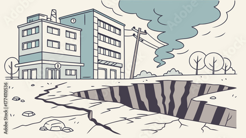 Earthquake disaster in city: Buildings damaged, ground cracks, smoke, and leaning power pole. Natural disaster illustration.
