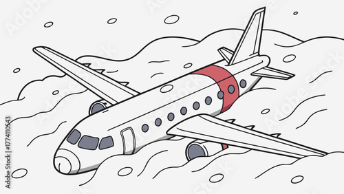 Cartoon illustration of an airplane crash-landing in water, partially submerged