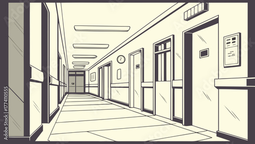 Monochrome Cartoon Hospital Hallway Illustration with Doors and Lights, Medical Facility Interior Background