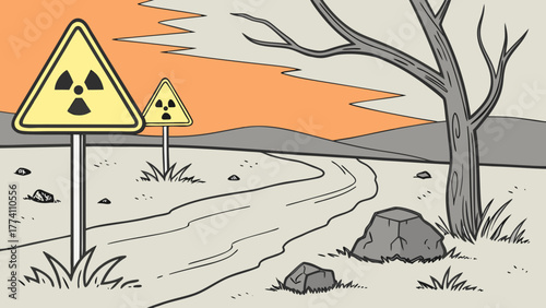 Nuclear Radiation Warning Signs in Barren Landscape with Orange Sky Illustration