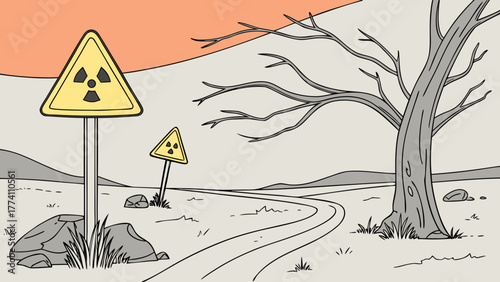 Radiation warning signs in a desolate, dry landscape with a dead tree. Environmental hazard concept illustration.