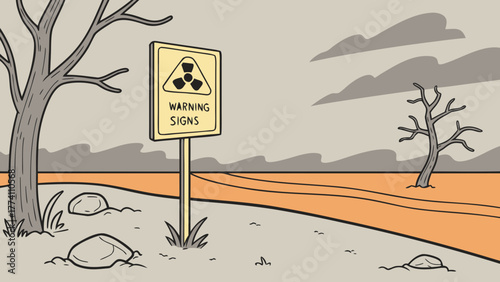 Warning Signs in Barren Landscape: Environmental Degradation and Climate Change Concept Illustration