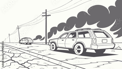 Car emitting heavy exhaust smoke on a dry, cracked road with power lines, symbolizing environmental pollution and climate change impact.